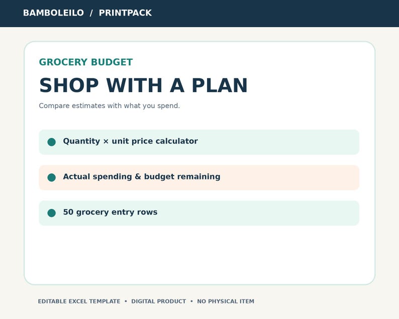 May include: A digital grocery budget spreadsheet template titled BAMBOLEILO / PRINTPACK. The interface features the text SHOP WITH A PLAN and lists features including a quantity unit price calculator, actual spending and budget remaining, and 50 grocery entry rows.