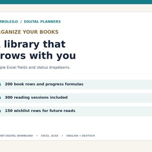Op de afbeelding: Een digitale planner voor het organiseren van boeken met de tekst BAMBOLEILO / DIGITAL PLANNERS, ORGANIZE YOUR BOOKS, A library that grows with you, Simple Excel fields and status dropdowns, 200 book rows, 300 reading sessions en 150 wishlist rows.