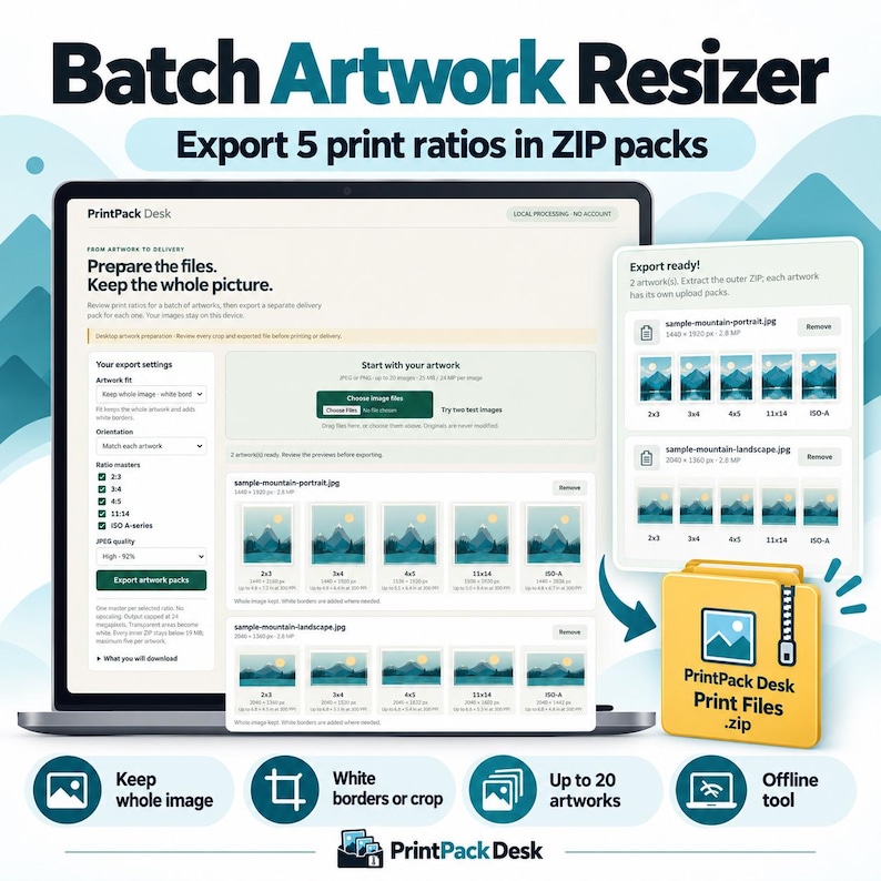 May include: A digital interface for Batch Artwork Resizer software displayed on a laptop screen, showing export settings, file previews, and a yellow ZIP folder icon labeled PrintPack Desk Print Files .zip for multiple print ratios.