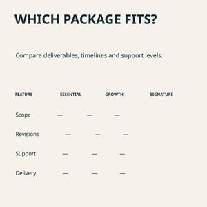 May include: A pricing comparison chart titled WHICH PACKAGE FITS? with a header reading BAMBOLEILO / CLIENT PRICING PRO / COMPARISON. The table lists features including Scope, Revisions, Support, and Delivery across Essential, Growth, and Signature columns.