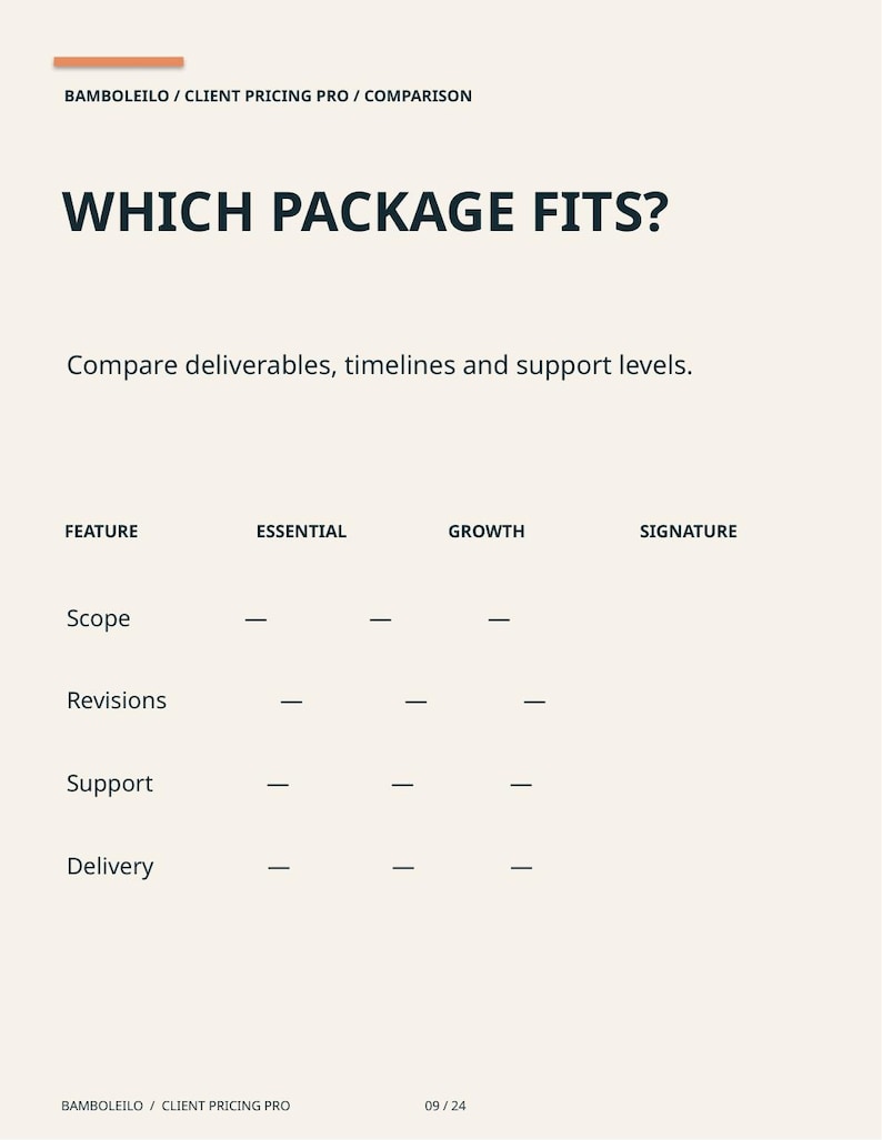 May include: A pricing comparison chart titled WHICH PACKAGE FITS? with a header reading BAMBOLEILO / CLIENT PRICING PRO / COMPARISON. The table lists features including Scope, Revisions, Support, and Delivery across Essential, Growth, and Signature columns.