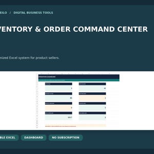 May include: A digital inventory and order command center spreadsheet for product sellers. The dark teal interface displays the text BAMBOLEILO, DIGITAL BUSINESS TOOLS, and INVENTORY & ORDER COMMAND CENTER, featuring an operations dashboard.