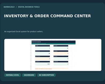 Może przedstawiać: Cyfrowy system zarządzania zapasami i zamówieniami dla sprzedawców produktów. Ciemnoniebieski interfejs zawiera tekst BAMBOLEILO, DIGITAL BUSINESS TOOLS oraz INVENTORY & ORDER COMMAND CENTER z panelem operacyjnym.