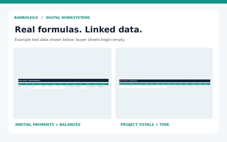 May include: A digital spreadsheet template titled BAMBOLEILO / DIGITAL WORKSYSTEMS with the text Real formulas. Linked data. Example test data shown below; buyer sheets begin empty. Includes two tables: PARTIAL PAYMENTS + BALANCES and PROJECT TOTALS + TIME.
