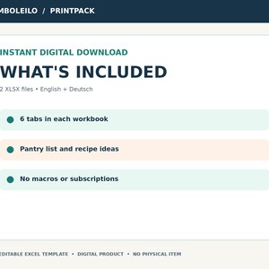 May include: A digital product information graphic titled BAMBOLEILO / PRINTPACK. It lists details for an editable Excel template including 2 XLSX files in English and German, 6 tabs per workbook, a pantry list, recipe ideas, and no macros.
