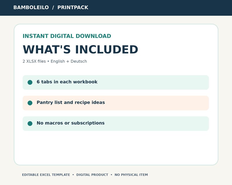 May include: A digital product information graphic titled BAMBOLEILO / PRINTPACK. It lists details for an editable Excel template including 2 XLSX files in English and German, 6 tabs per workbook, a pantry list, recipe ideas, and no macros.