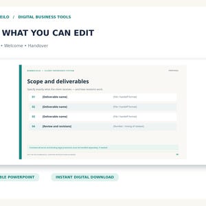 May include: A digital business tool template featuring the text BAMBOLEILO / DIGITAL BUSINESS TOOLS and SEE WHAT YOU CAN EDIT. The document includes a section titled Scope and deliverables with numbered rows for deliverable names, handoff formats, and review details.