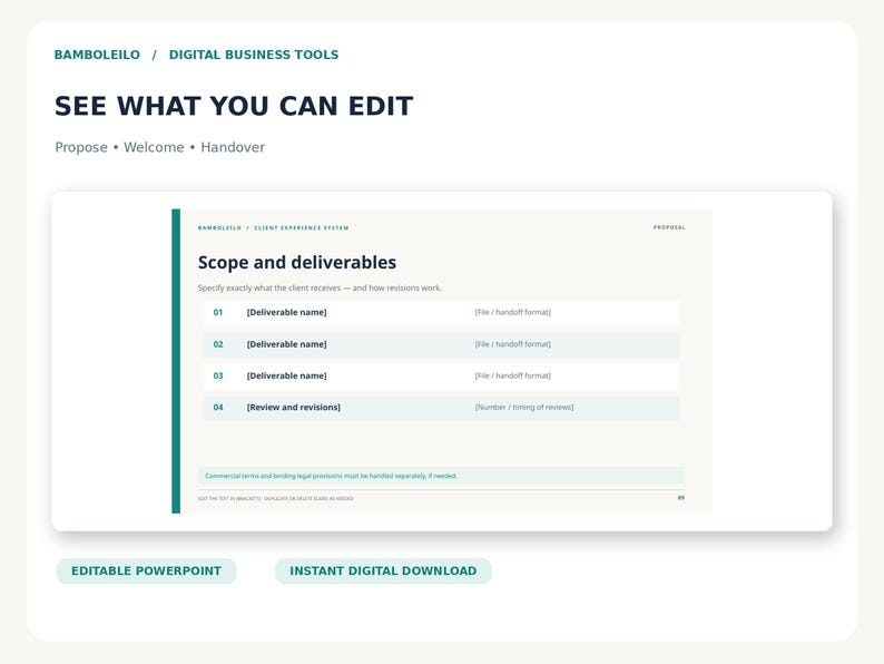 May include: A digital business tool template featuring the text BAMBOLEILO / DIGITAL BUSINESS TOOLS and SEE WHAT YOU CAN EDIT. The document includes a section titled Scope and deliverables with numbered rows for deliverable names, handoff formats, and review details.