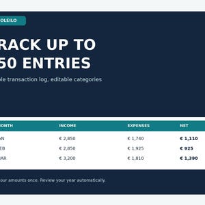 May include: A dark blue digital transaction log template with the text BAMBOLEILO, TRACK UP TO 250 ENTRIES, and Simple transaction log, editable categories. It features a table showing monthly income, expenses, and net totals in Euros.