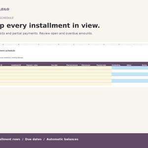 May include: A digital payment schedule template featuring the text BAMBOLEILO, PAYMENT SCHEDULE, Keep every installment in view, and Log deposits and partial payments. The spreadsheet includes columns for Vendor ID, Installment ID, Payment, Due date, Planned amount, Paid amount, Payment date, Outstanding, Status, and Review.