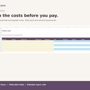 May include: A digital spreadsheet template titled BAMBOLEILO VENDOR COSTS. The text reads Plan the costs before you pay. Compare planned and agreed costs. Track paid and remaining amounts. The table includes columns for Vendor ID, Category, Vendor item, Planned cost, Agreed cost, Paid, Remaining, Plan gap, and Review.