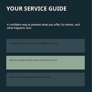 May include: A dark teal digital document template titled YOUR SERVICE GUIDE with the text BAMBOLEILO / CLIENT PRICING PRO / WELCOME at the top. It includes instructional text boxes for navigating services, replacing studio names, and editing pages.