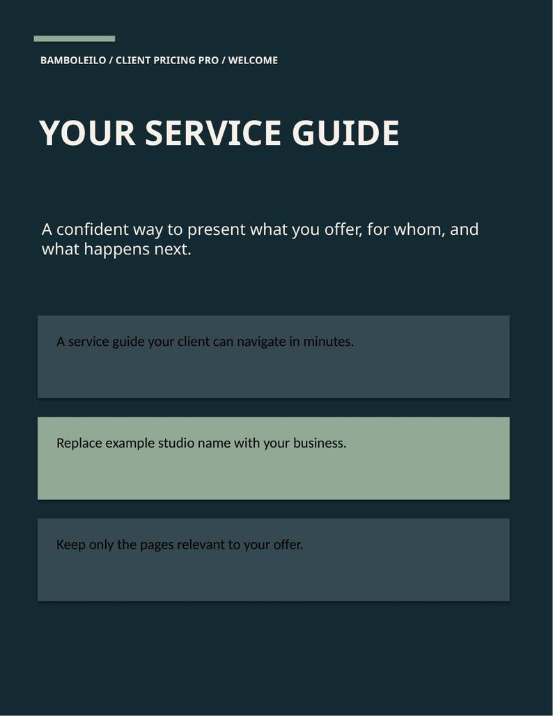 May include: A dark teal digital document template titled YOUR SERVICE GUIDE with the text BAMBOLEILO / CLIENT PRICING PRO / WELCOME at the top. It includes instructional text boxes for navigating services, replacing studio names, and editing pages.