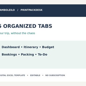 May include: A digital Excel template titled BAMBOLEILO / PRINTPACKDESK featuring 6 organized tabs for travel planning. The text reads: 6 ORGANIZED TABS, Your trip, without the chaos, Dashboard, Itinerary, Budget, Bookings, Packing, To-Do, DIGITAL EXCEL TEMPLATE, EDITABLE, NO SUBSCRIPTION.