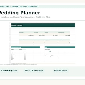 May include: A digital wedding planner workbook in Excel format featuring a dark green and white interface. The spreadsheet displays a wedding overview with budget, spending, and guest count data, plus 8 planning tabs in English and German.