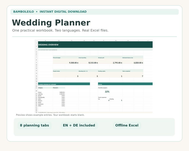 May include: A digital wedding planner workbook in Excel format featuring a dark green and white interface. The spreadsheet displays a wedding overview with budget, spending, and guest count data, plus 8 planning tabs in English and German.
