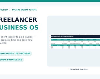 Może przedstawiać: Cyfrowy pulpit nawigacyjny Freelancer Business OS zawierający 10 arkuszy kalkulacyjnych i przewodnik EN/DE. Interfejs wyświetla tabelę przepływów pieniężnych z kolumnami dla projektów, czasu i finansów, oznaczoną tekstem Freelancer Business OS.