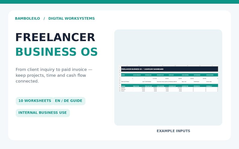 May include: A digital Freelancer Business OS dashboard featuring 10 worksheets and an EN/DE guide. The interface displays a cash flow table with columns for projects, time, and finances, labeled with the text Freelancer Business OS.