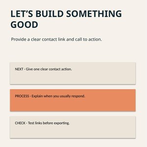 May include: A document titled BAMBOLEILO / CLIENT PRICING PRO / NEXT STEP featuring the text LET'S BUILD SOMETHING GOOD. It includes instructions to provide a contact link and call to action, with sections labeled NEXT, PROCESS, and CHECK.