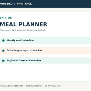 May include: A digital meal planner template featuring the text BAMBOLEILO / PRINTPACK, EN + DE MEAL PLANNER, Plan meals. Track groceries. Know your budget. It includes a weekly meal schedule, editable grocery cost tracker, and Excel files.