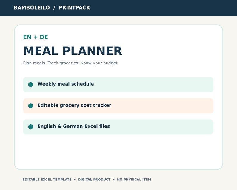 May include: A digital meal planner template featuring the text BAMBOLEILO / PRINTPACK, EN + DE MEAL PLANNER, Plan meals. Track groceries. Know your budget. It includes a weekly meal schedule, editable grocery cost tracker, and Excel files.