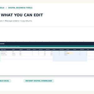 May include: A digital spreadsheet template titled PRODUCT MASTER with columns for SKU, Product, Category, Supplier ID, Stock, Unit Cost, Sale Price, On Hand, Stock Value, Reorder, On Order, and Returns. The interface includes text: BAMBOLEILO, DIGITAL BUSINESS TOOLS, SEE WHAT YOU CAN EDIT, Track stock, Manage orders, Log returns, EDITABLE EXCEL, and INSTANT DIGITAL DOWNLOAD.