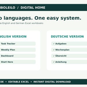 May include: A digital product graphic titled BAMBOLEILO / DIGITAL HOME. It features the text Two languages. One easy system. Separate English and German Excel workbooks. Two columns list features: Task Tracker, Weekly Plan, Dashboard, Start Here, and the German equivalents: Aufgaben, Wochenplan, &Uuml;bersicht, Anleitung. The bottom bar reads EN + DE &bull; EDITABLE EXCEL &bull; INSTANT DIGITAL DOWNLOAD.