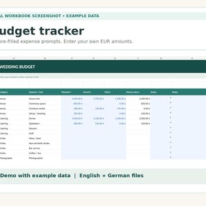 May include: A digital budget tracker spreadsheet screenshot titled Wedding Budget with columns for category, expense, planned, actual, paid, balance due, status, and notes. The table includes 36 pre-filled expense prompts for EUR amounts.