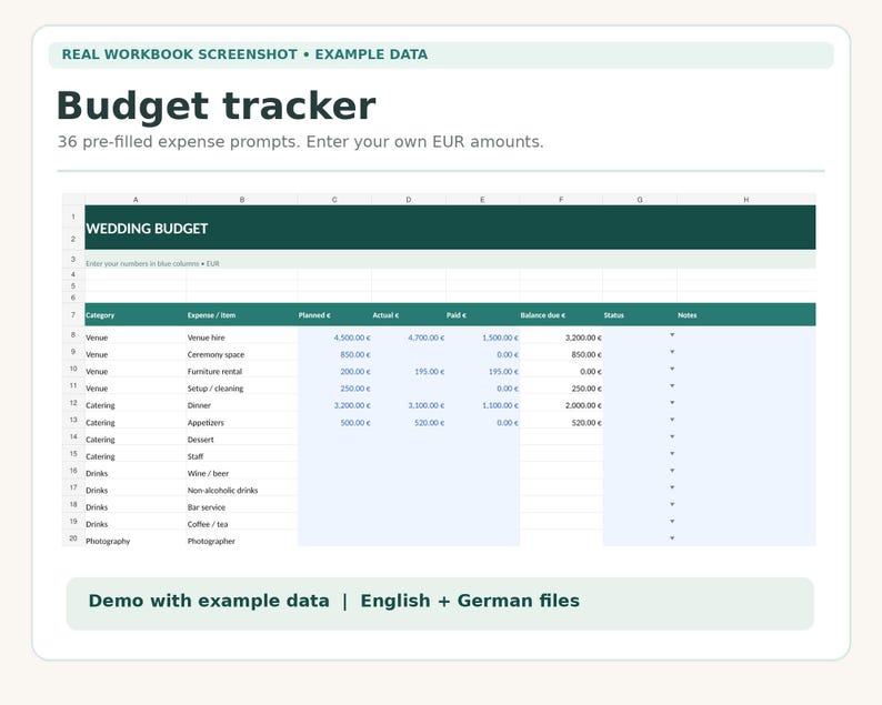 May include: A digital budget tracker spreadsheet screenshot titled Wedding Budget with columns for category, expense, planned, actual, paid, balance due, status, and notes. The table includes 36 pre-filled expense prompts for EUR amounts.
