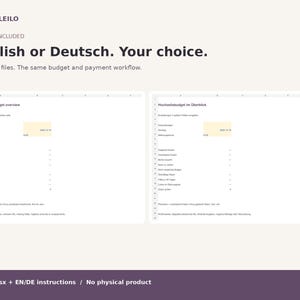 May include: A digital spreadsheet template titled BAMBOLEILO featuring a wedding budget overview in English or German. The document includes two separate file layouts with columns for financial tracking, currency settings, and payment workflows.