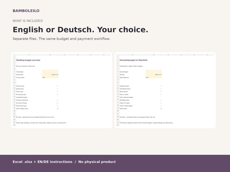 May include: A digital spreadsheet template titled BAMBOLEILO featuring a wedding budget overview in English or German. The document includes two separate file layouts with columns for financial tracking, currency settings, and payment workflows.