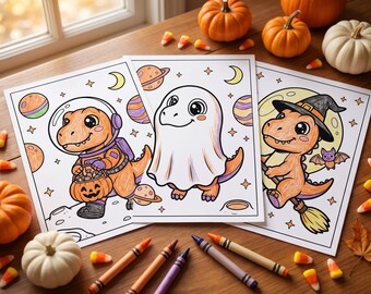 Dibujos para colorear de dinosaurios de Halloween para niños, 12 páginas imprimibles