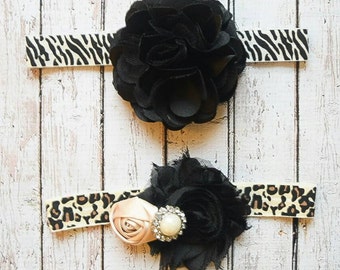 Cheetah and Zebra Animal Print Set of Two Headbands, Newborn Headband, Baby Headband, Adult Headband, Photo Prop