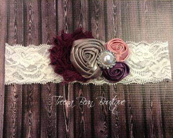 Plum & Silver Roses Headband, Story Book Collection Shabby Chic Headband, Newborn Headband, Baby Headbands