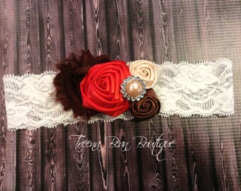 Brown, Red & Cream Roses Headband, Story Book Collection Shabby Chic Headband, Newborn Headband, Baby Headbands