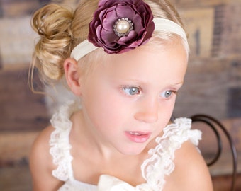 Plum Silk Flower on Cream Headband - Baby Girl Headband - Toddler Headband - Adult Headband