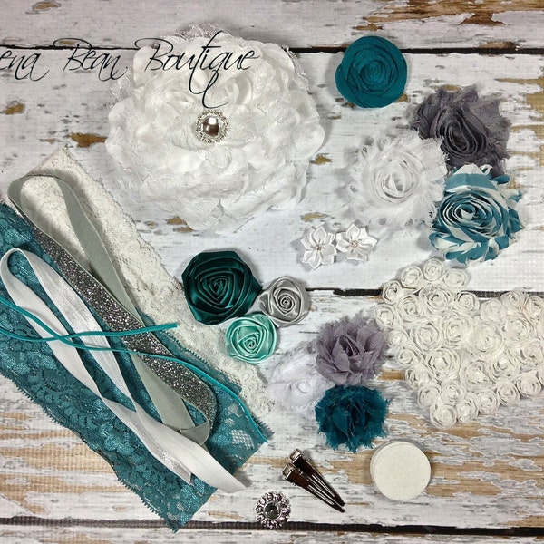 DIY Couture Headband Kit..... Teal, Grey, and White...Baby Shower Game...Headband Kit...DIY Headbands...Baby Headbands