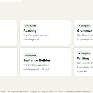 Op de afbeelding: Een digitale interface getiteld Choose your trail met zes rechthoekige kaarten met de labels Vocabulary, Reading, Grammar, Sentence Structure, Sentence Builder en Writing. Elke kaart toont een Complete-status en specifieke uitdagingsdetails.