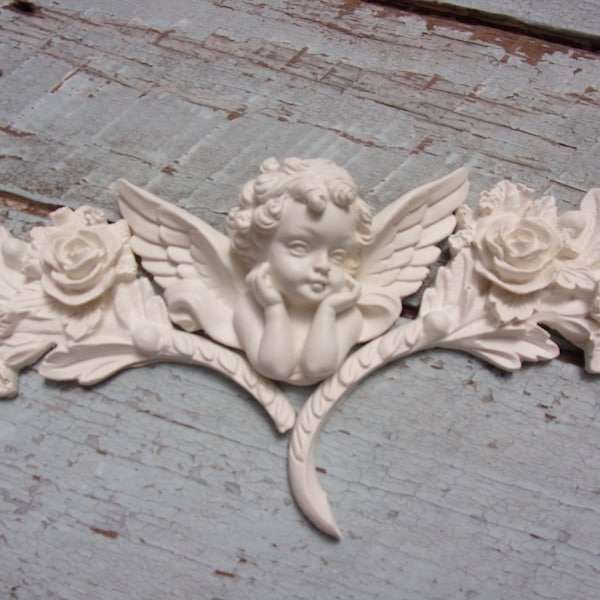 Angel Wings / Shabby Chic Rose Angel / Cherub  FURNITURE APPLIQUES Large  Architectural Floral Center Handmade in the USA