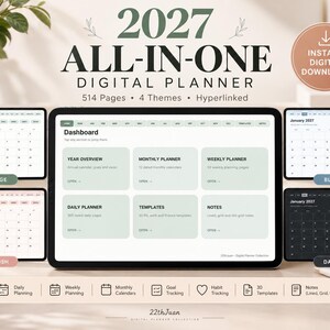 Digital Planner  2027 for GoodNotes, All-in-One Hyperlinked iPad Planner, Daily Weekly Monthly Planner, 4 Themes, 514 Pages