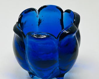 Cobalt Blue Recycled Vintage Tulip Shape Glass Scalloped Edge Candy Bowl/Candle Holder/Vase Made in Spain