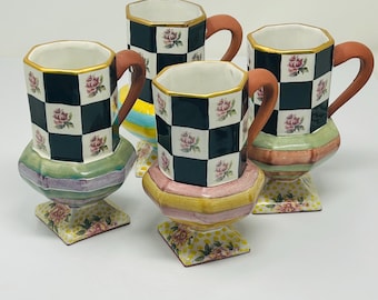 Mackenzie Childs Vintage Checkered Pedestal Coffee/Tea Mugs