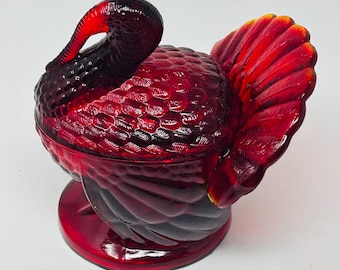 1960s Vintage Le Smith Ruby Red Amberina Glass Turkey Candy Dish With Lid