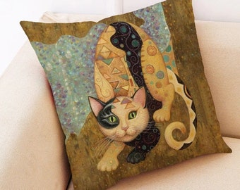 May include: A decorative throw pillow with a colorful illustration of a cat with geometric patterns. The cat is depicted in a playful pose, with its tail curled around its body. The background is a textured, earthy brown color with hints of blue and green.