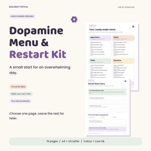 Menú de dopamina para TDAH y kit de reinicio imprimible, hojas de trabajo para iniciar tareas, lluvia de ideas, PDF en formato A4 y Carta estadounidense
