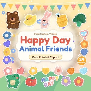 Puede incluir: Una colección de imágenes prediseñadas digitales titulada PolarCaptain Village Happy Day Animal Friends que presenta ilustraciones pintadas a mano de un oso pardo, un pato amarillo, un conejo rosa, una colmena, brócoli, un cocodrilo y varias flores y corazones coloridos.