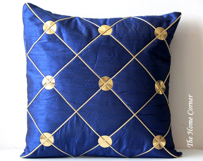 Navy Blue and Gold Throw Pillow, Navy Blue Pillow Cover, Throw Pillow