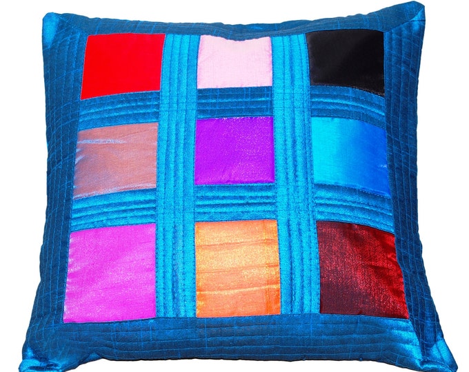 Colorful Throw Pillow Blue Throw Pillow Cover Patchwork Pillow Etsy
