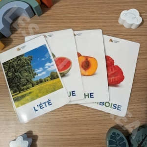 Peut inclure: Quatre cartes éducatives rectangulaires illustrant un paysage d'été, une pastèque coupée, une pêche et une framboise. Chaque carte porte le texte L'ÉTÉ, PASTÈQUE, PÊCHE et FRAMBOISE en bas avec le logo Les Petites Créa.