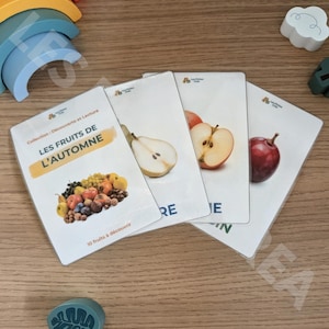 Peut inclure: Un ensemble de quatre cartes éducatives intitulées Les Fruits de l'Automne, illustrant divers fruits dont une poire, une pomme et une prune, avec du texte en français, disposées sur une surface en bois avec des blocs en bois colorés.